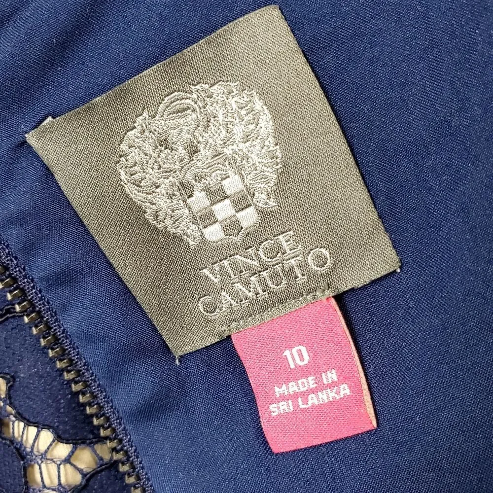 VINCE CAMUTO Blue Lace Overlay Fit & Flare Dress Size 10 Cap Sleeve Back Zip